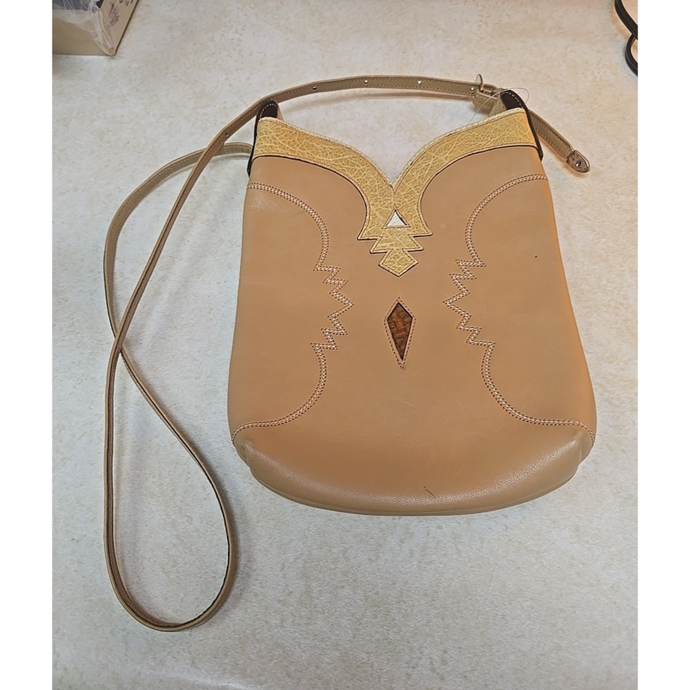 Vtg James Culver Aztec Beige Genuine Leather Handmade Sling‎ Crossbody Bag Purse